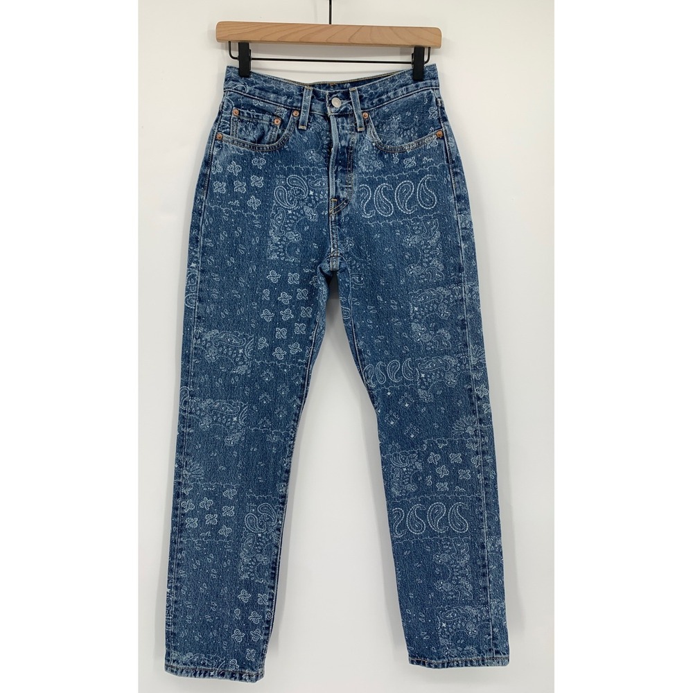 Levis 501 Paisley Jeans Women 26 Blue Button Fly 100% Cotton Denim Pants